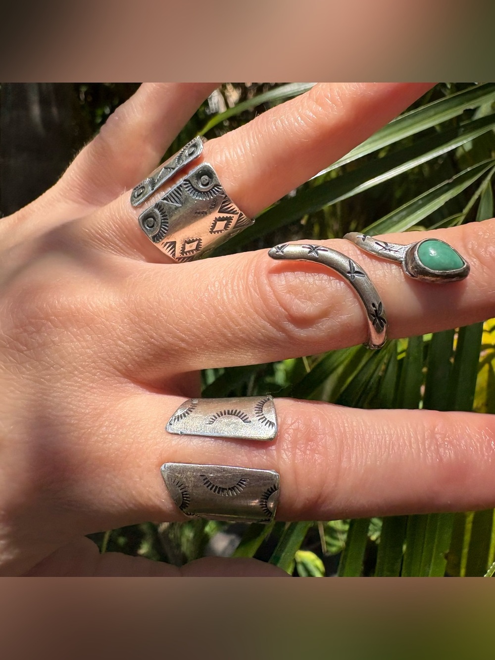 Sterling Adjustable Stamp Design Rings Turquoise Snake